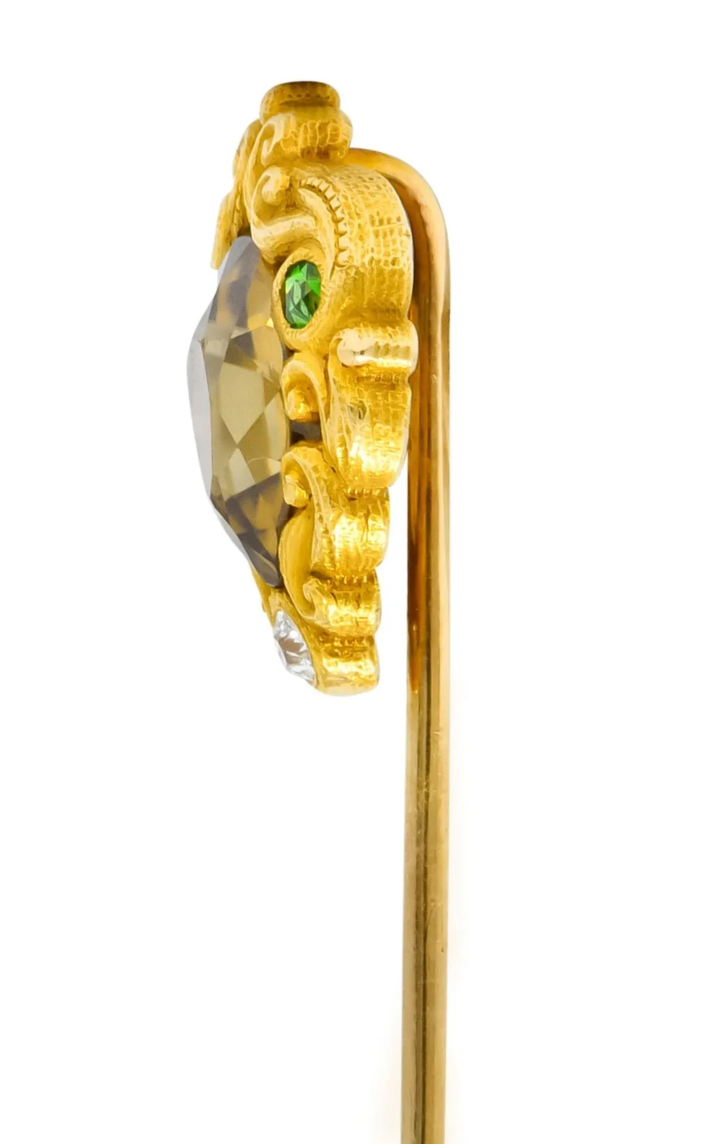 Frank Walter Lawrence Zircon Diamond Demantoid Garnet 14 Karat Gold Scrolled Stickpin