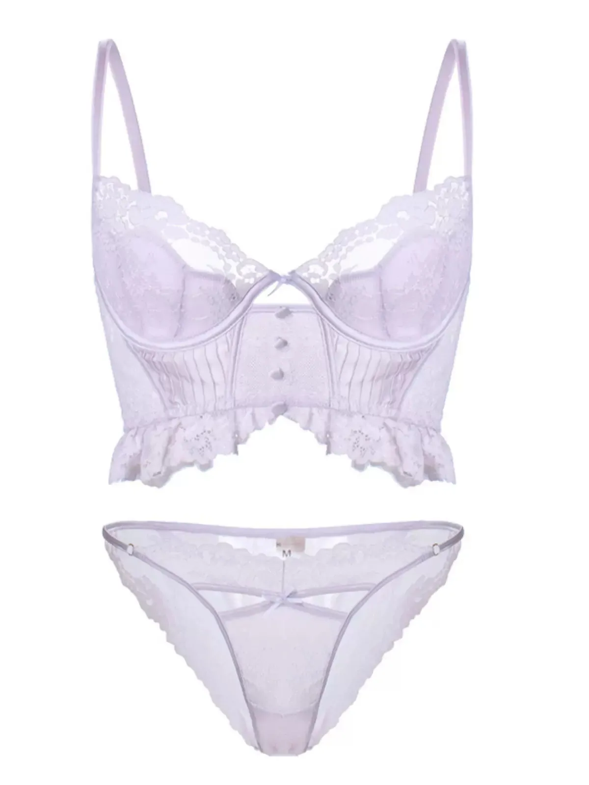 French Style Thin Shell Cup Lace Patchwork Ruched Lingerie Set