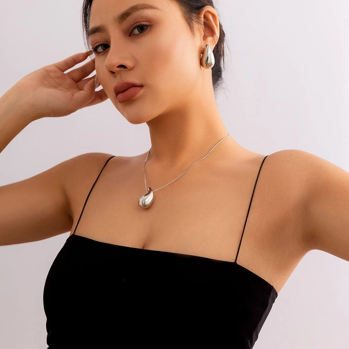 Geometric Gold Silver Tone Water-drop Pendant Chain Necklace