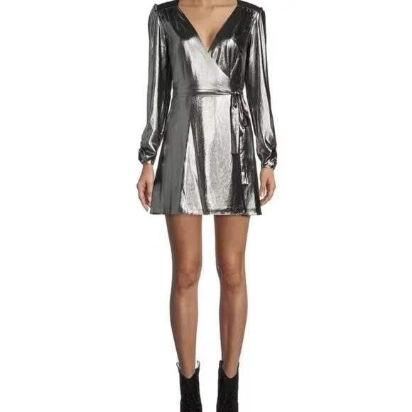 Gianni Bini Noa Silver Metallic Lame V-Neck Long Sleeve Wrap Dress