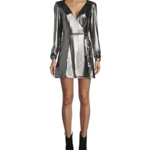 Gianni Bini Noa Silver Metallic Lame V-Neck Long Sleeve Wrap Dress
