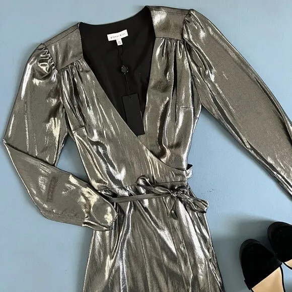 Gianni Bini Noa Silver Metallic Lame V-Neck Long Sleeve Wrap Dress