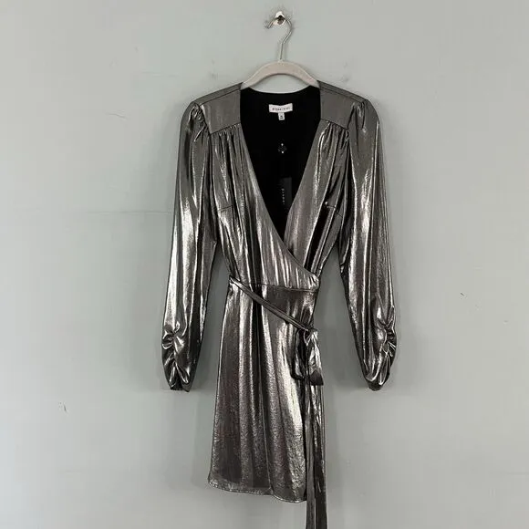 Gianni Bini Noa Silver Metallic Lame V-Neck Long Sleeve Wrap Dress