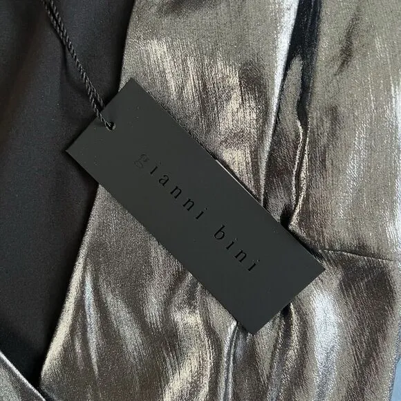 Gianni Bini Noa Silver Metallic Lame V-Neck Long Sleeve Wrap Dress