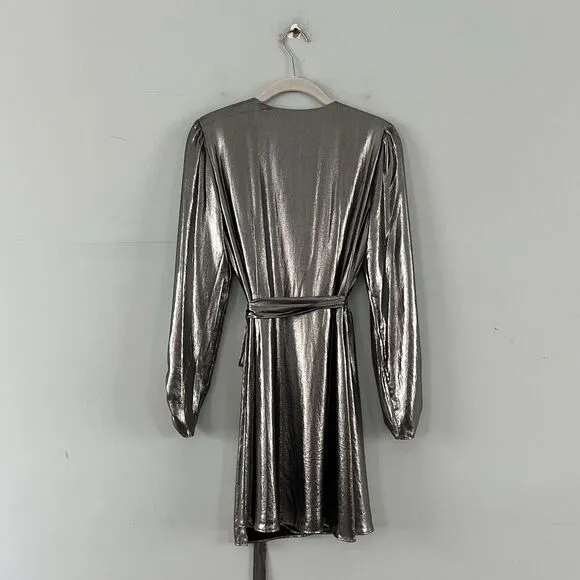 Gianni Bini Noa Silver Metallic Lame V-Neck Long Sleeve Wrap Dress