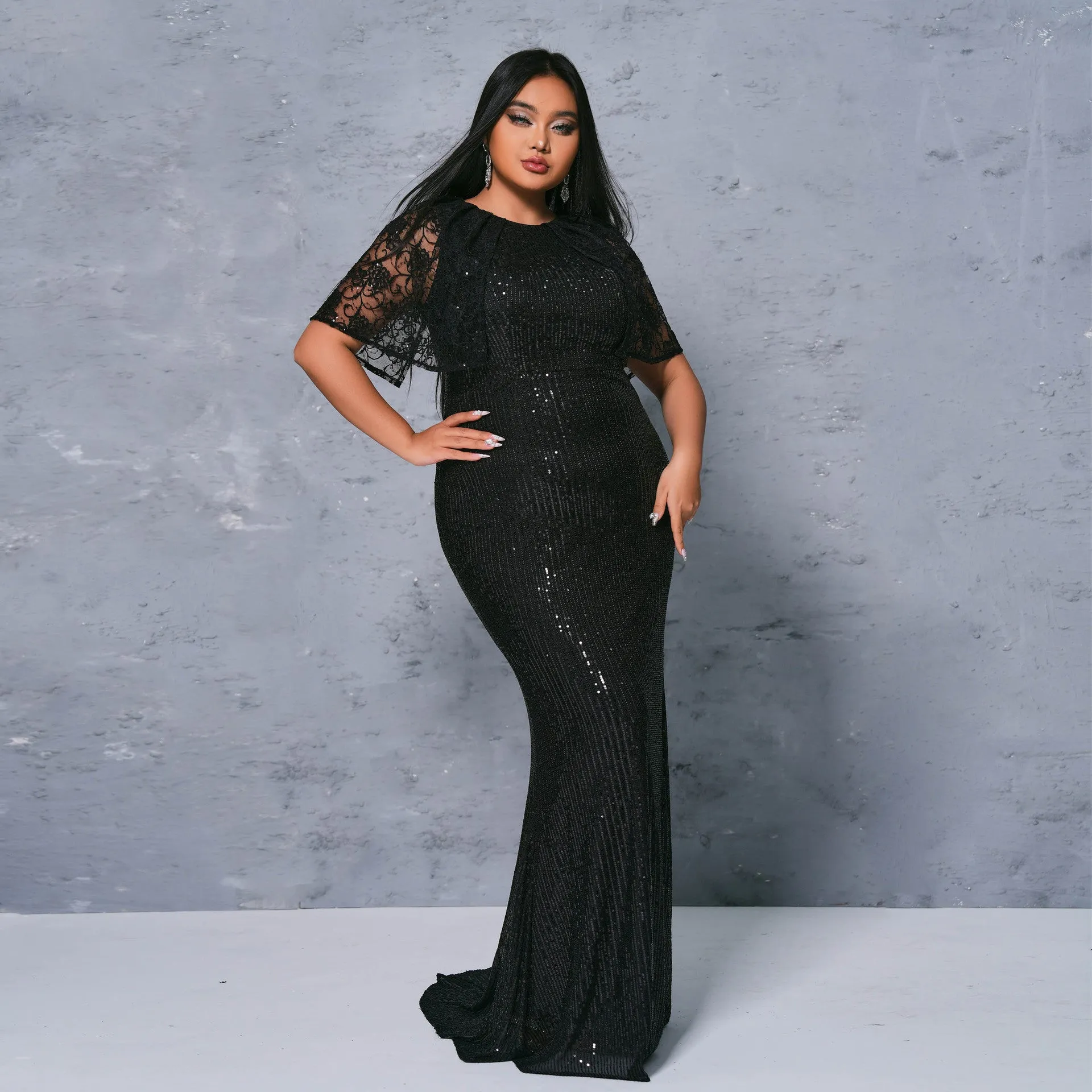 Glamorous Plus Size Short Sleeve Sequin Evening Gown for Timeless Elegance