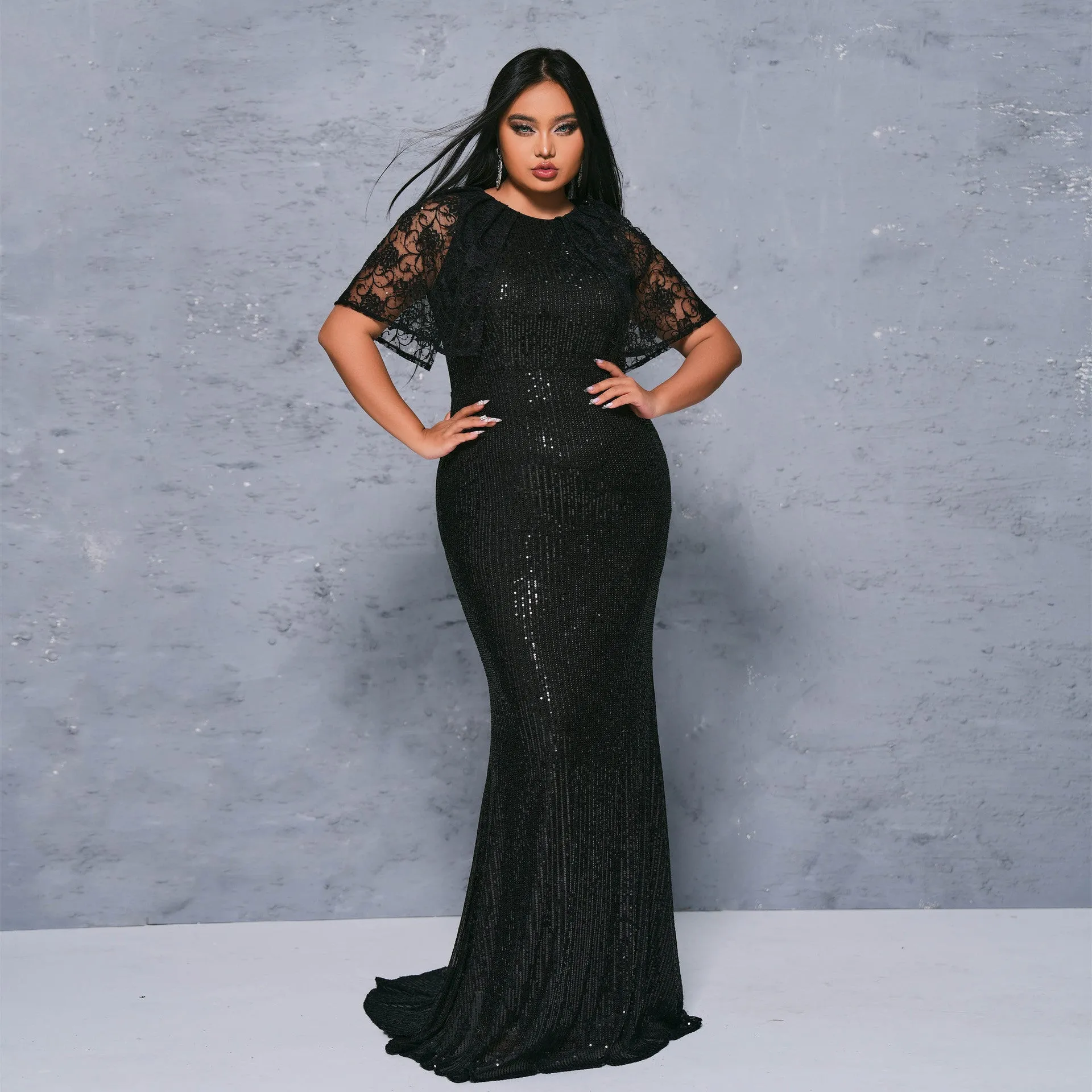 Glamorous Plus Size Short Sleeve Sequin Evening Gown for Timeless Elegance