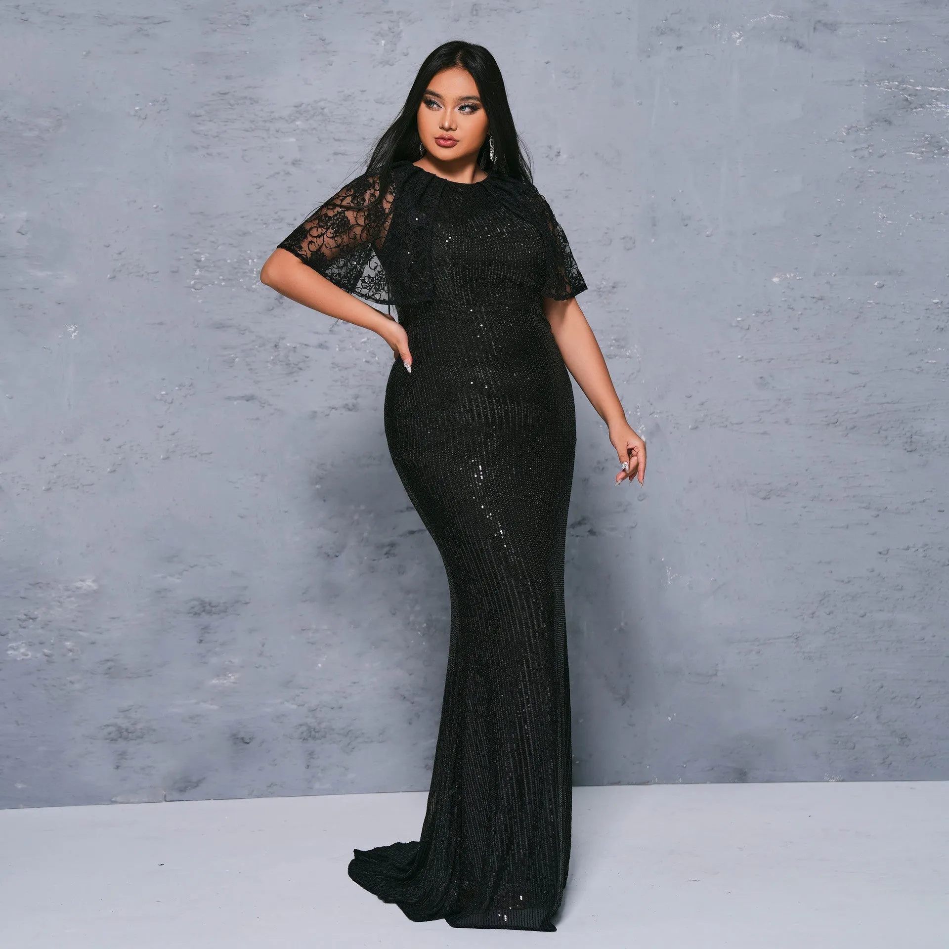 Glamorous Plus Size Short Sleeve Sequin Evening Gown for Timeless Elegance
