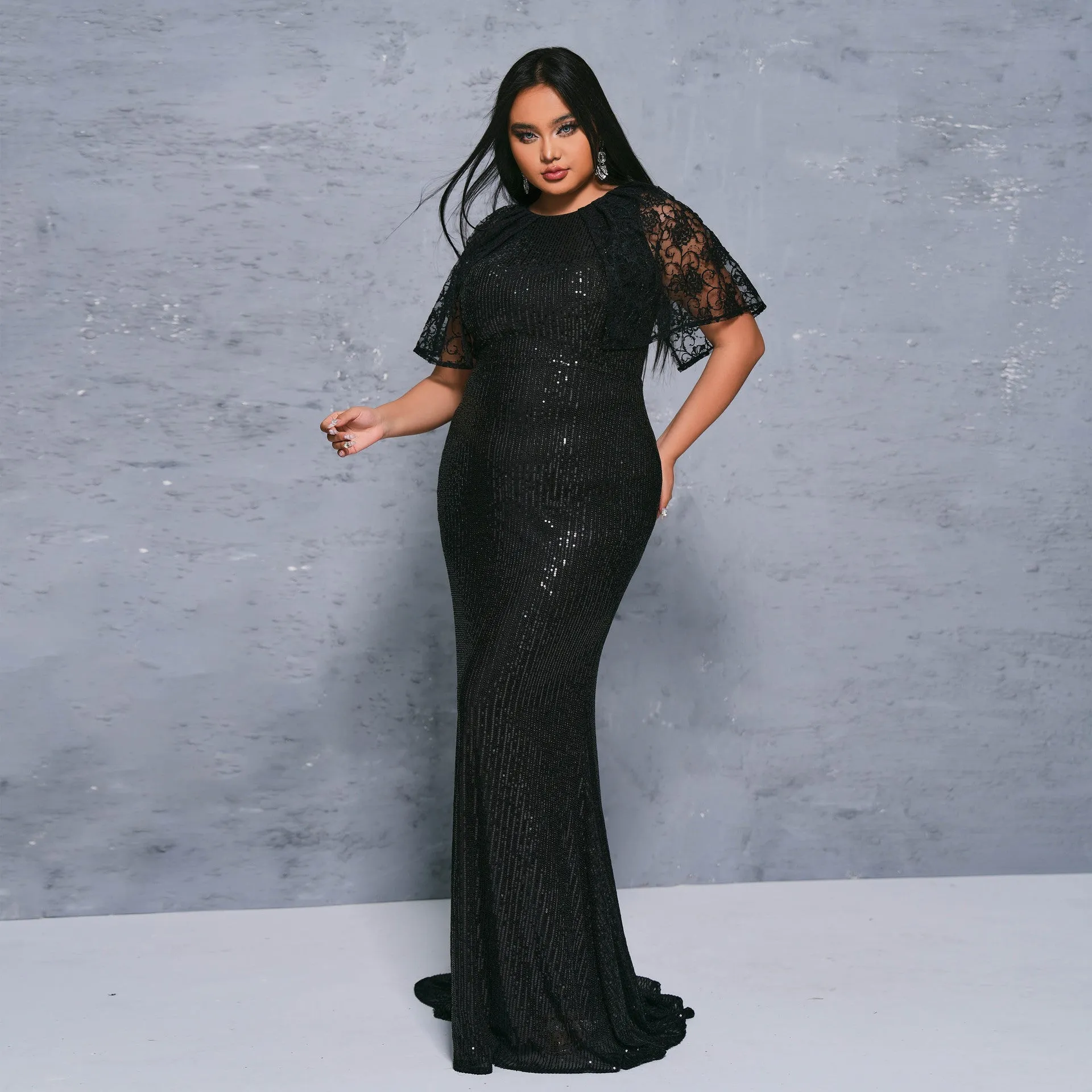 Glamorous Plus Size Short Sleeve Sequin Evening Gown for Timeless Elegance