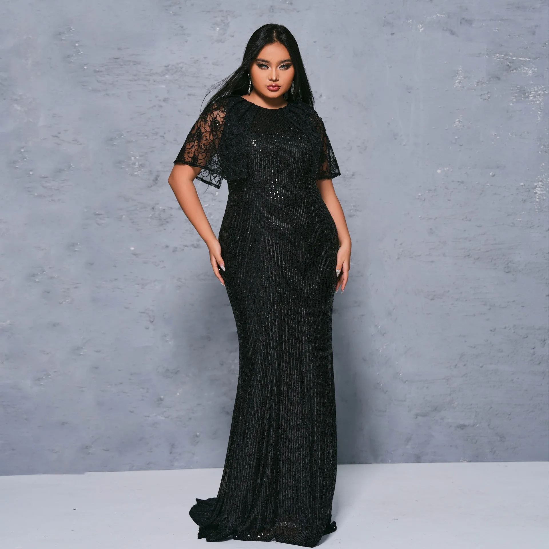 Glamorous Plus Size Short Sleeve Sequin Evening Gown for Timeless Elegance