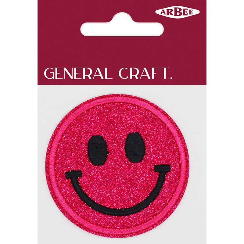 GLITTER PATCH SMILE FACE FUSHIA 60MM 1PC