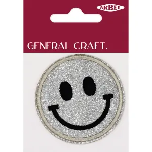 GLITTER PATCH SMILE FACE SILVER 60MM 1PC