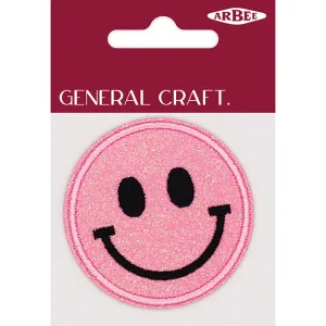 GLITTER PATCH SMILEY FACE PINK 60MM 1PC
