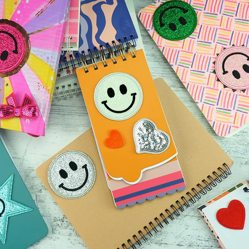 GLITTER PATCH SMILEY FACE WHITE 60MM 1PC