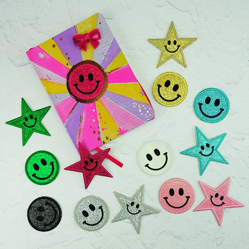 GLITTER PATCH SMILEY FACE WHITE 60MM 1PC