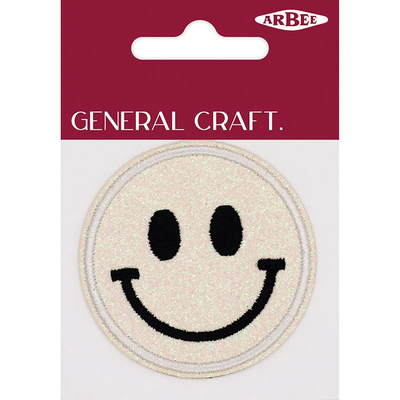 GLITTER PATCH SMILEY FACE WHITE 60MM 1PC