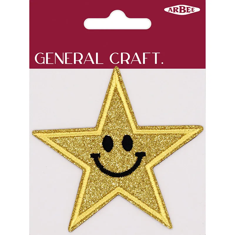 GLITTER PATCH SMILEY STAR GOLD 85MM 1PC