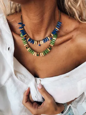 Gold Blue and Green Layering Beaded Necklace