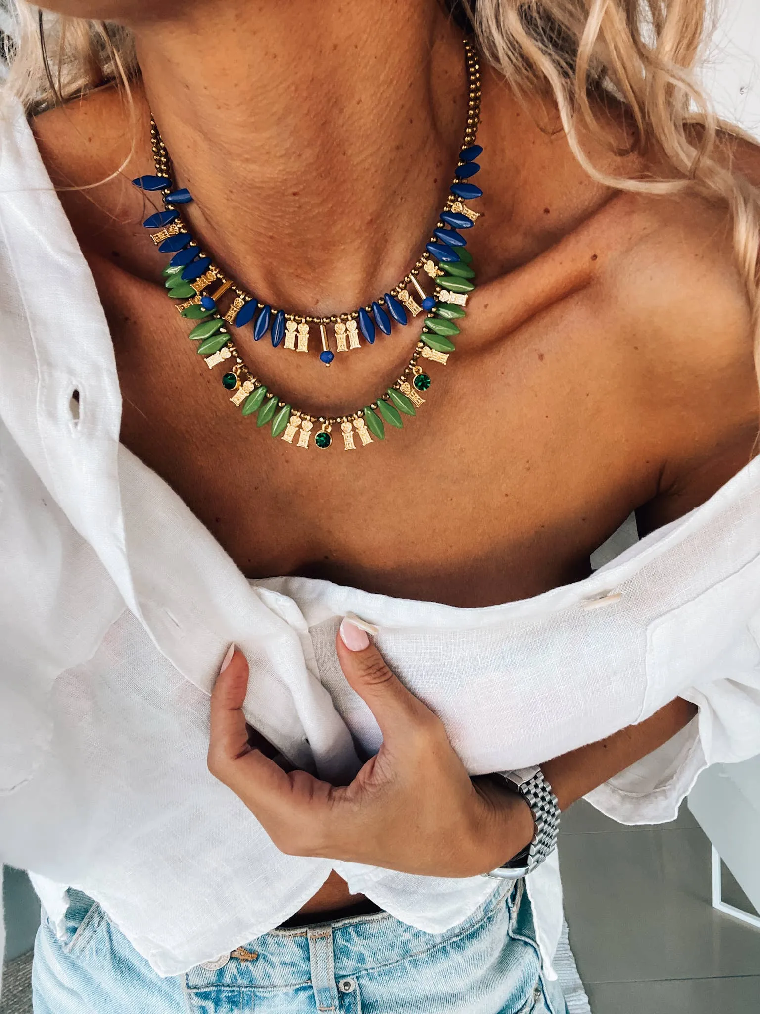 Gold Blue and Green Layering Beaded Necklace