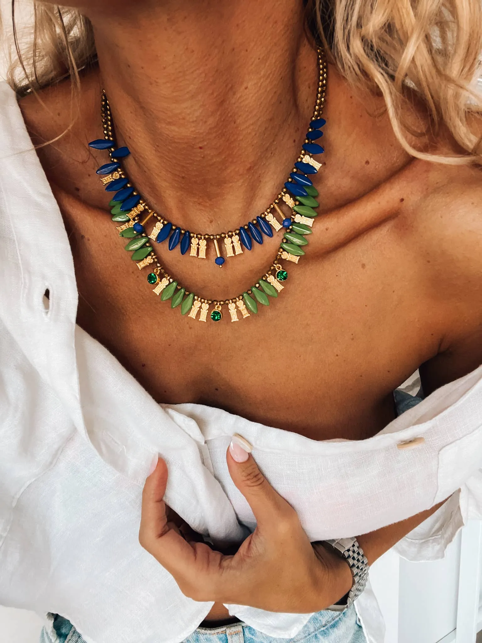 Gold Blue and Green Layering Beaded Necklace