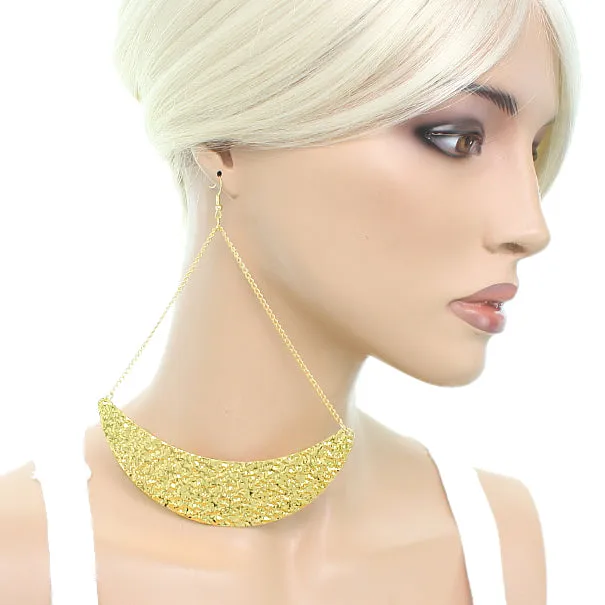 Gold Hammered Crescent Drop Chain Earrings