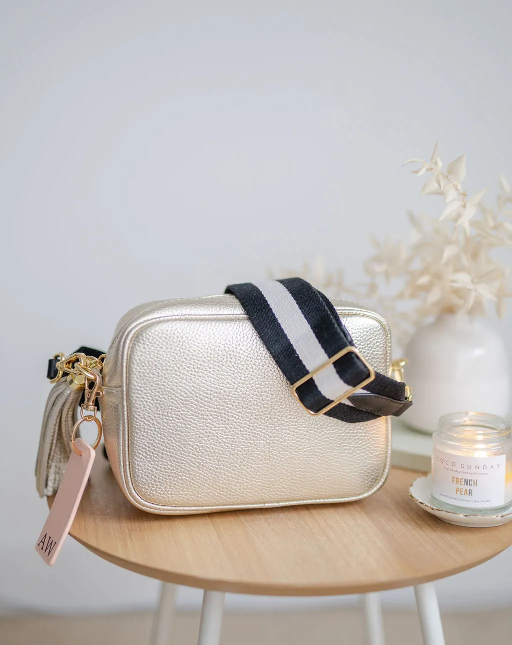 Gold Leather Tassel Cross Body Bag
