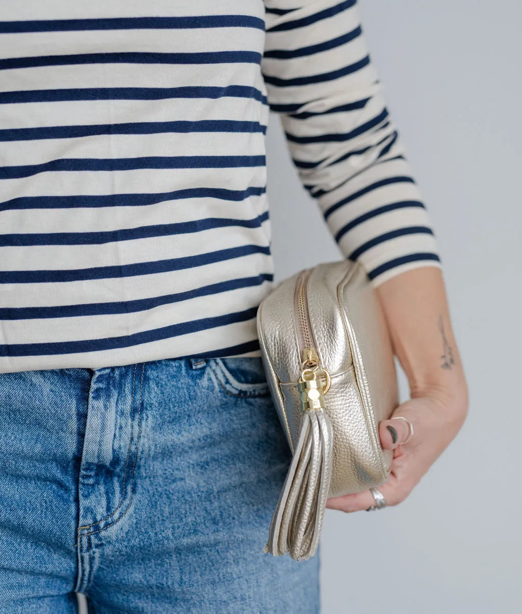 Gold Leather Tassel Cross Body Bag