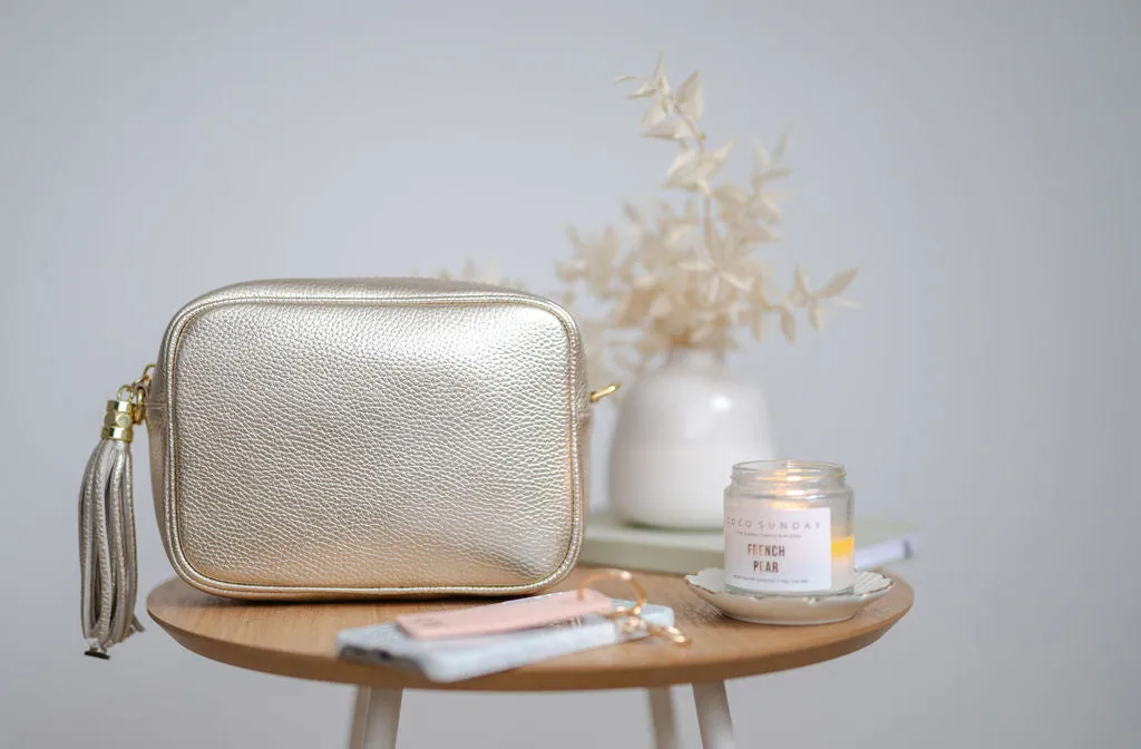 Gold Leather Tassel Cross Body Bag