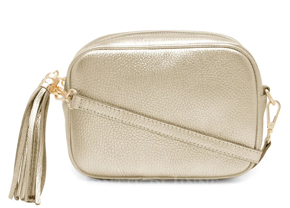 Gold Leather Tassel Cross Body Bag