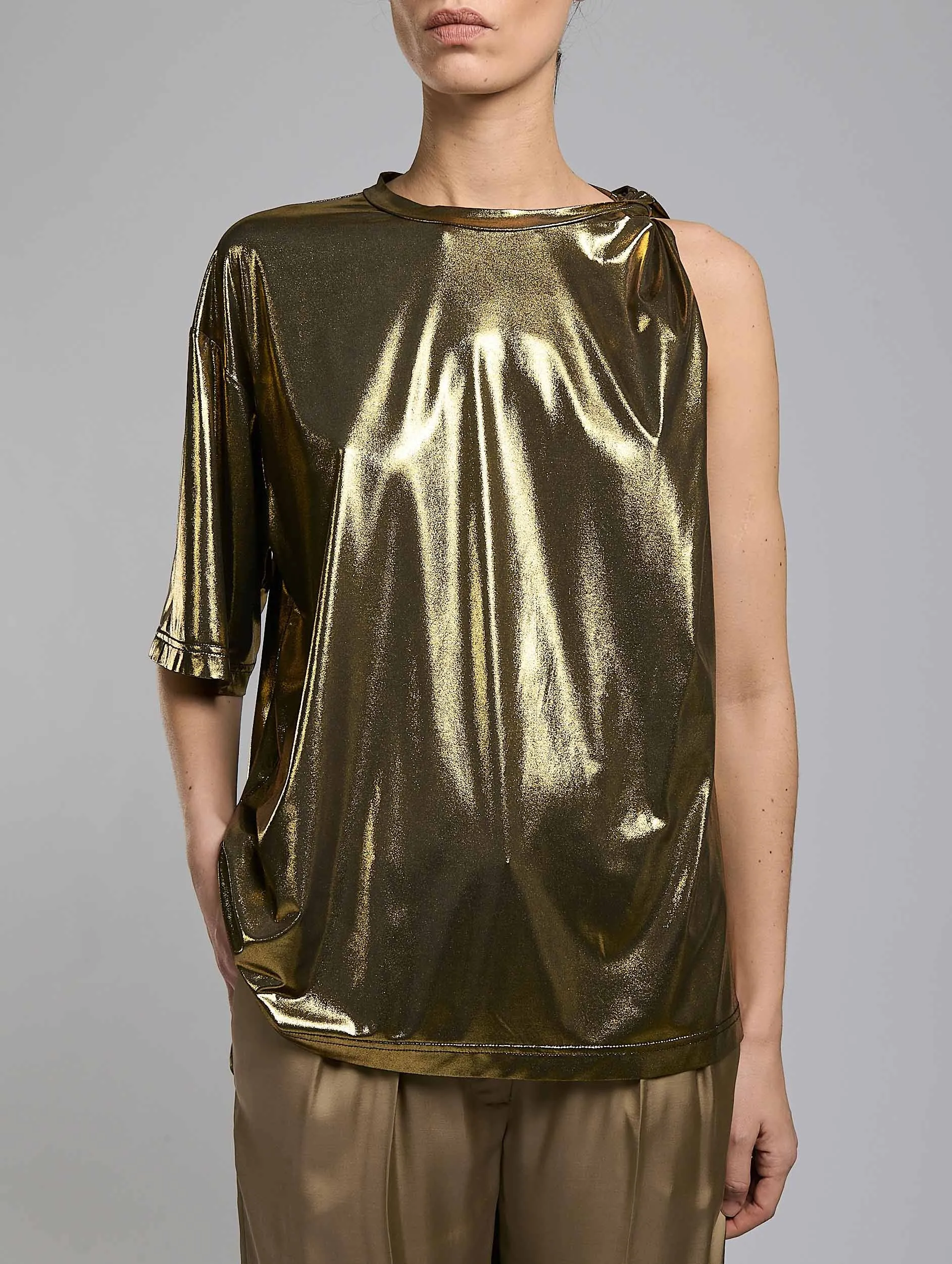 Gold metallic jersey drape tee-shirt