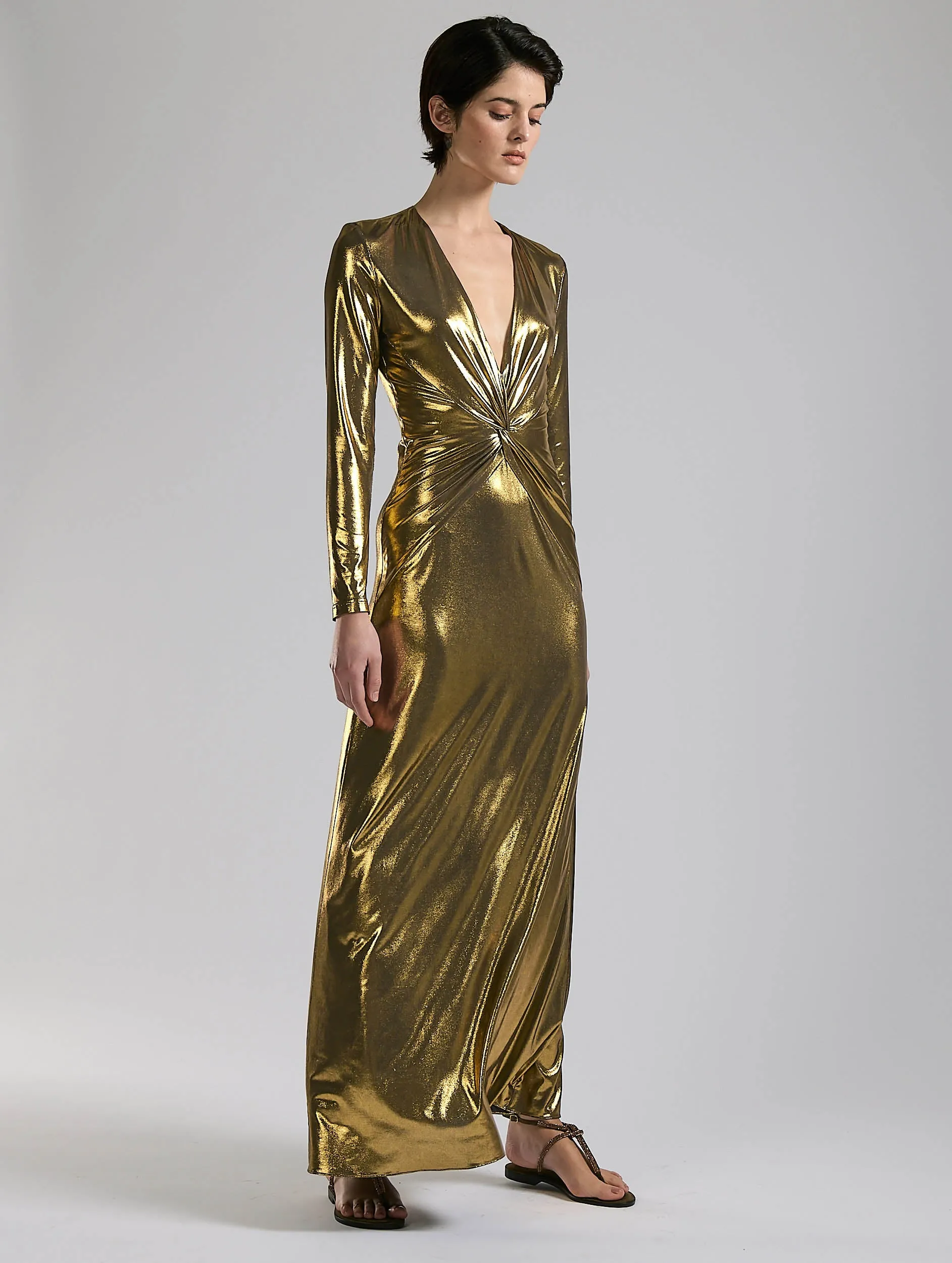 Gold metallic jersey maxi dress
