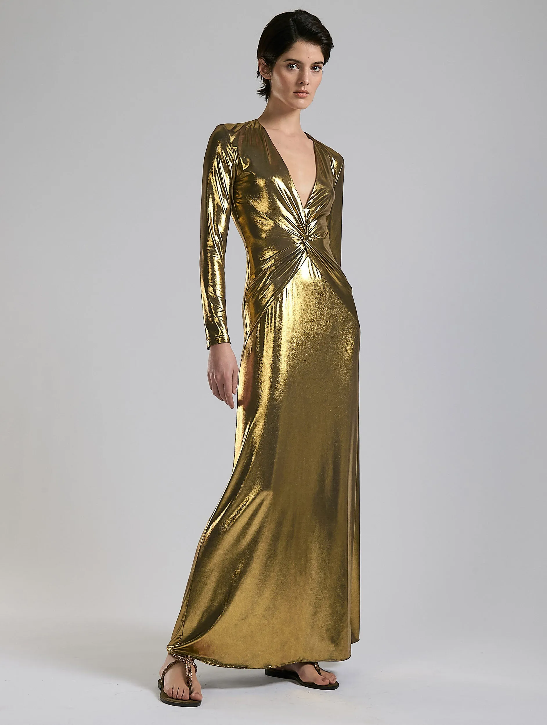 Gold metallic jersey maxi dress