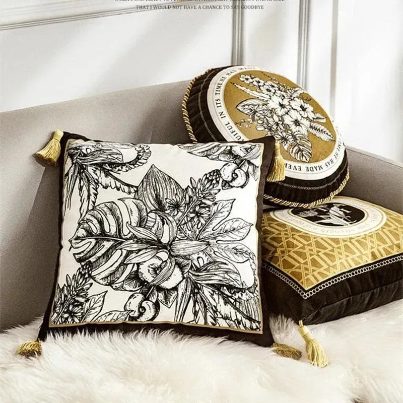 Gold Series Floral Vintage Velvet Pillow Cases With Tassel