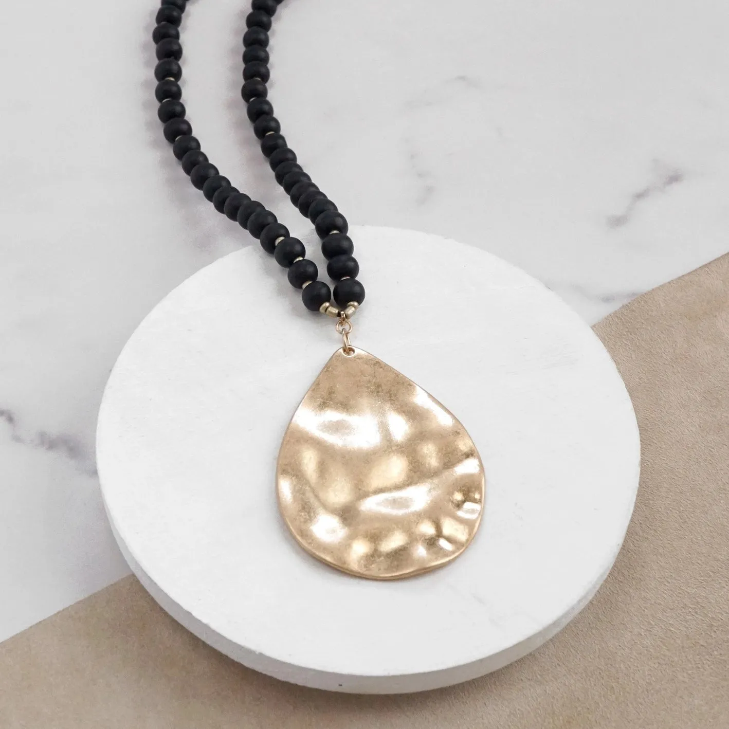 Gold Teardrop Wooden Necklace