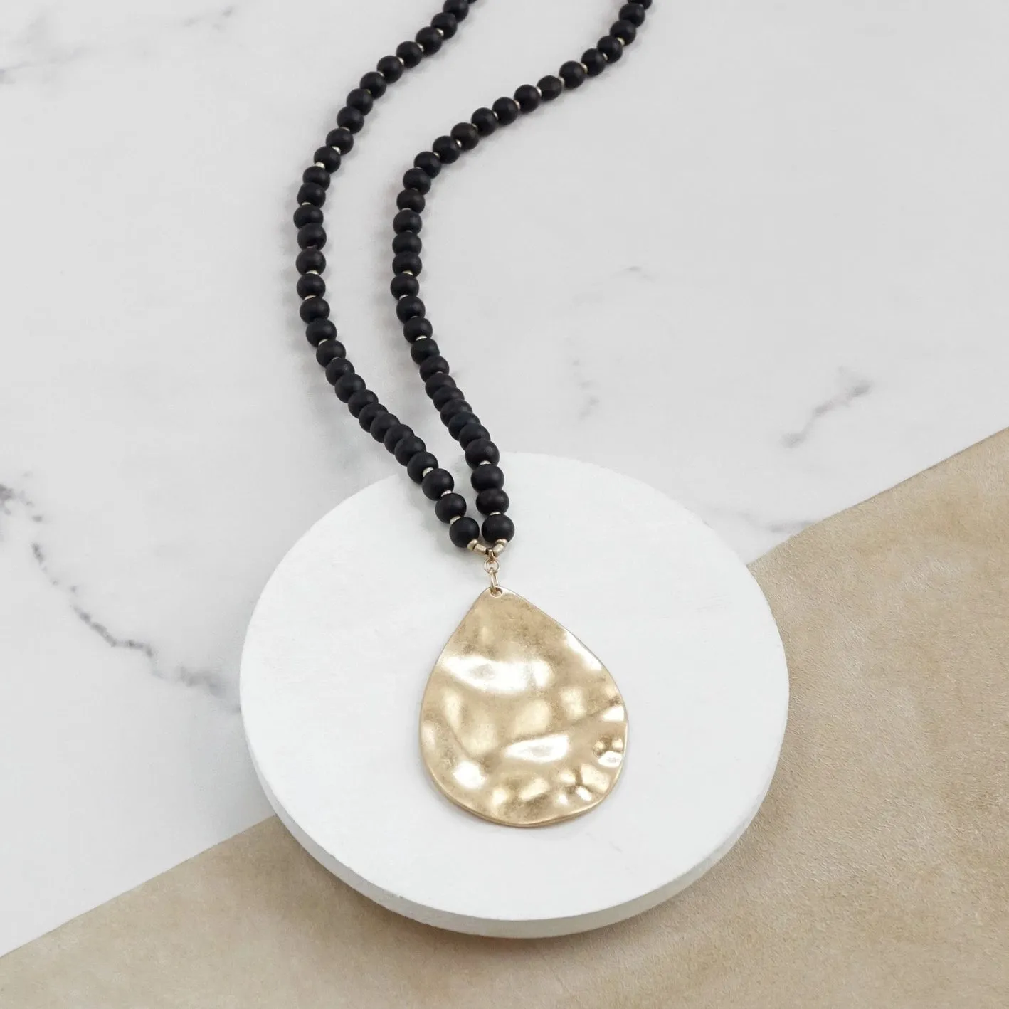Gold Teardrop Wooden Necklace