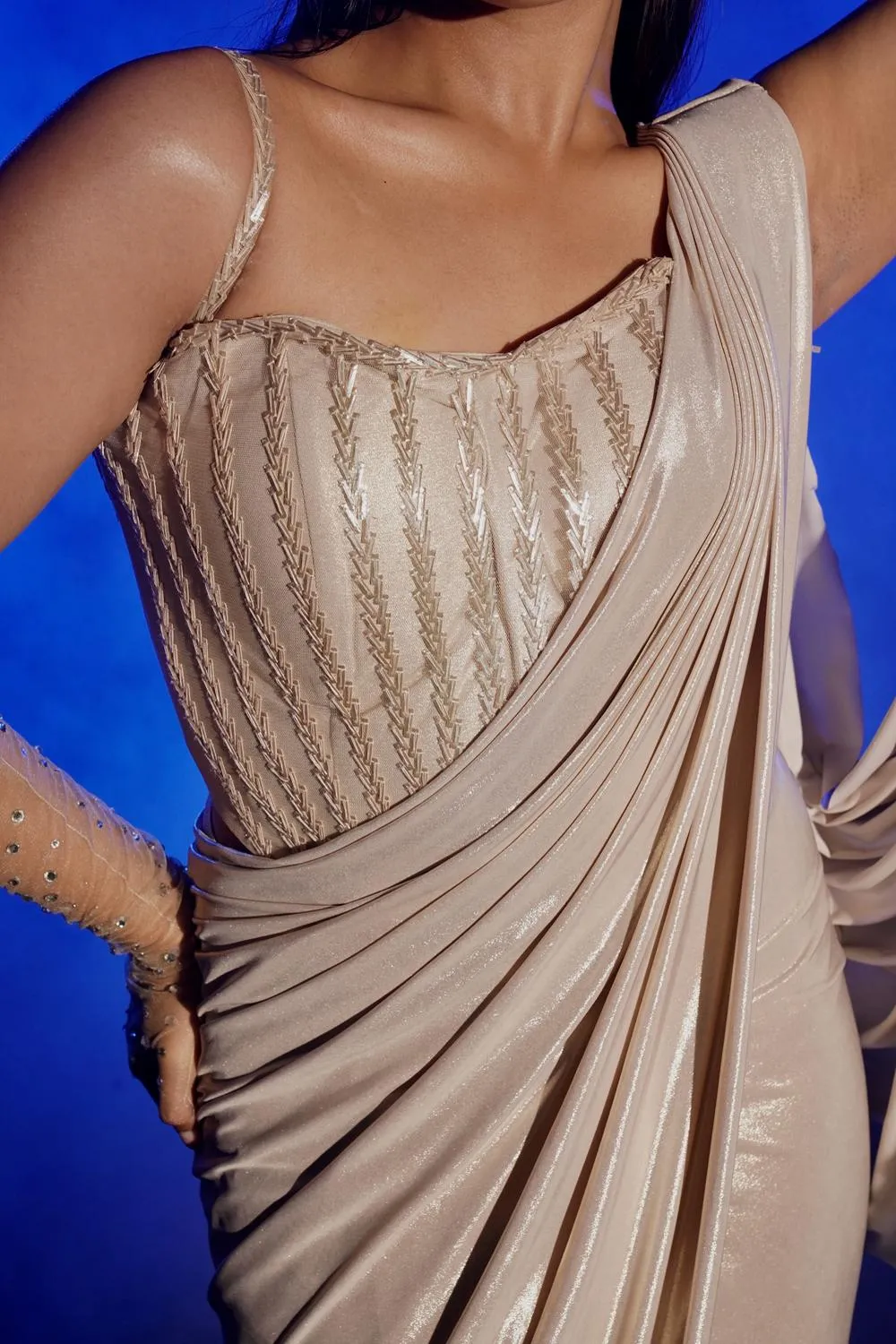 Golden Long Corset And Saree