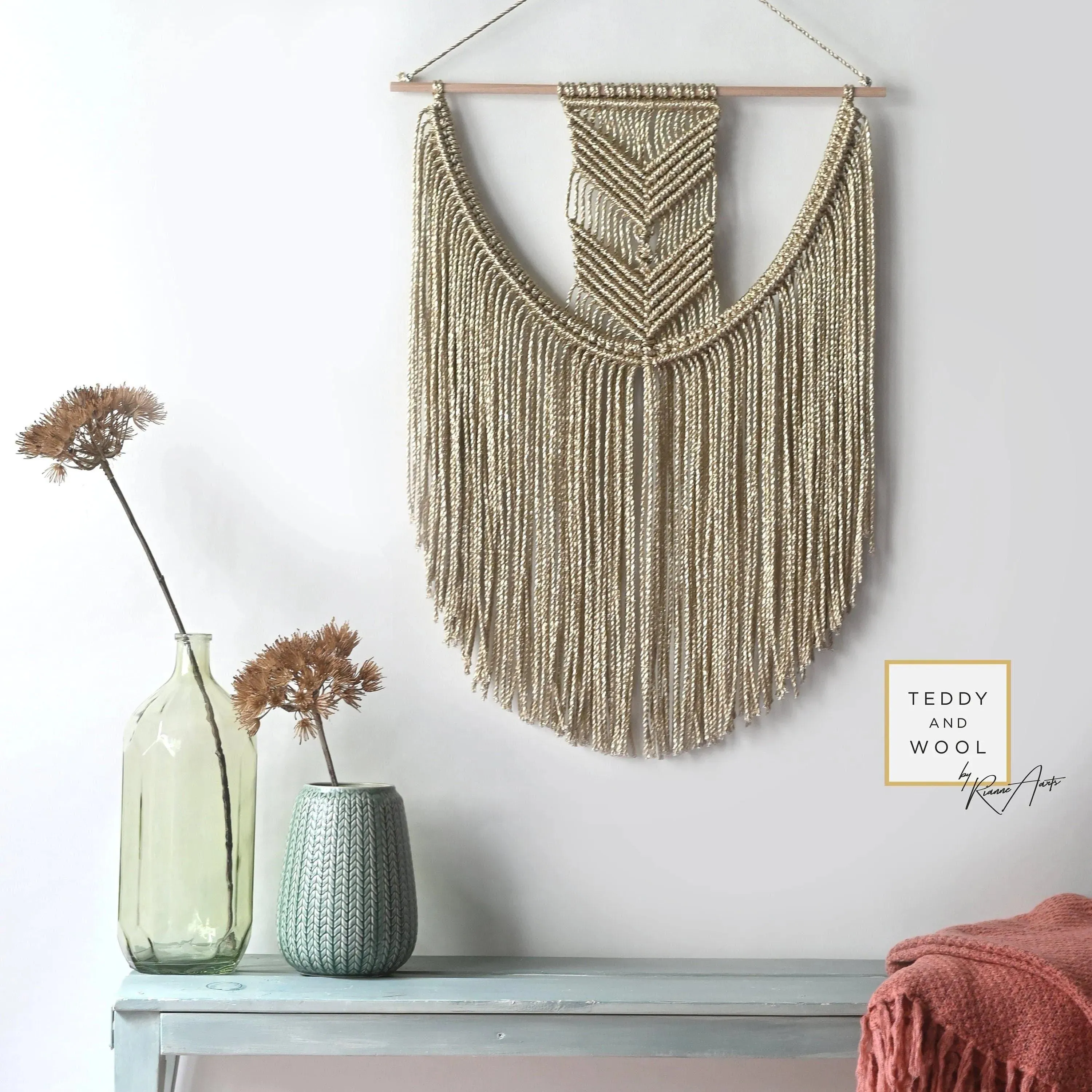 Golden Wall Decor, Gold Accent Macrame Wall Hanging, "EVA"