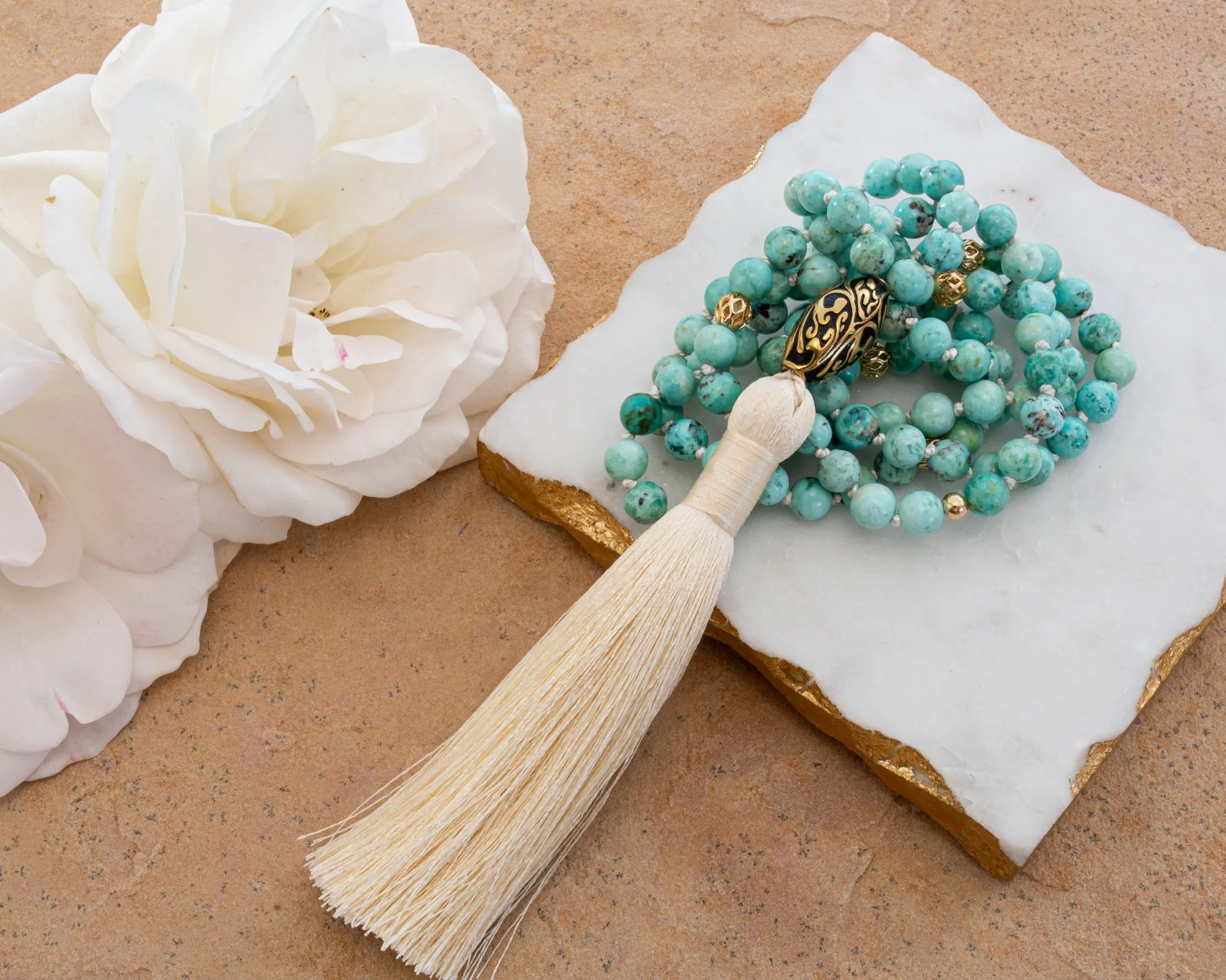 Good Fortune Peruvian Turquoise Repousse Mala, White Rhodium Plated