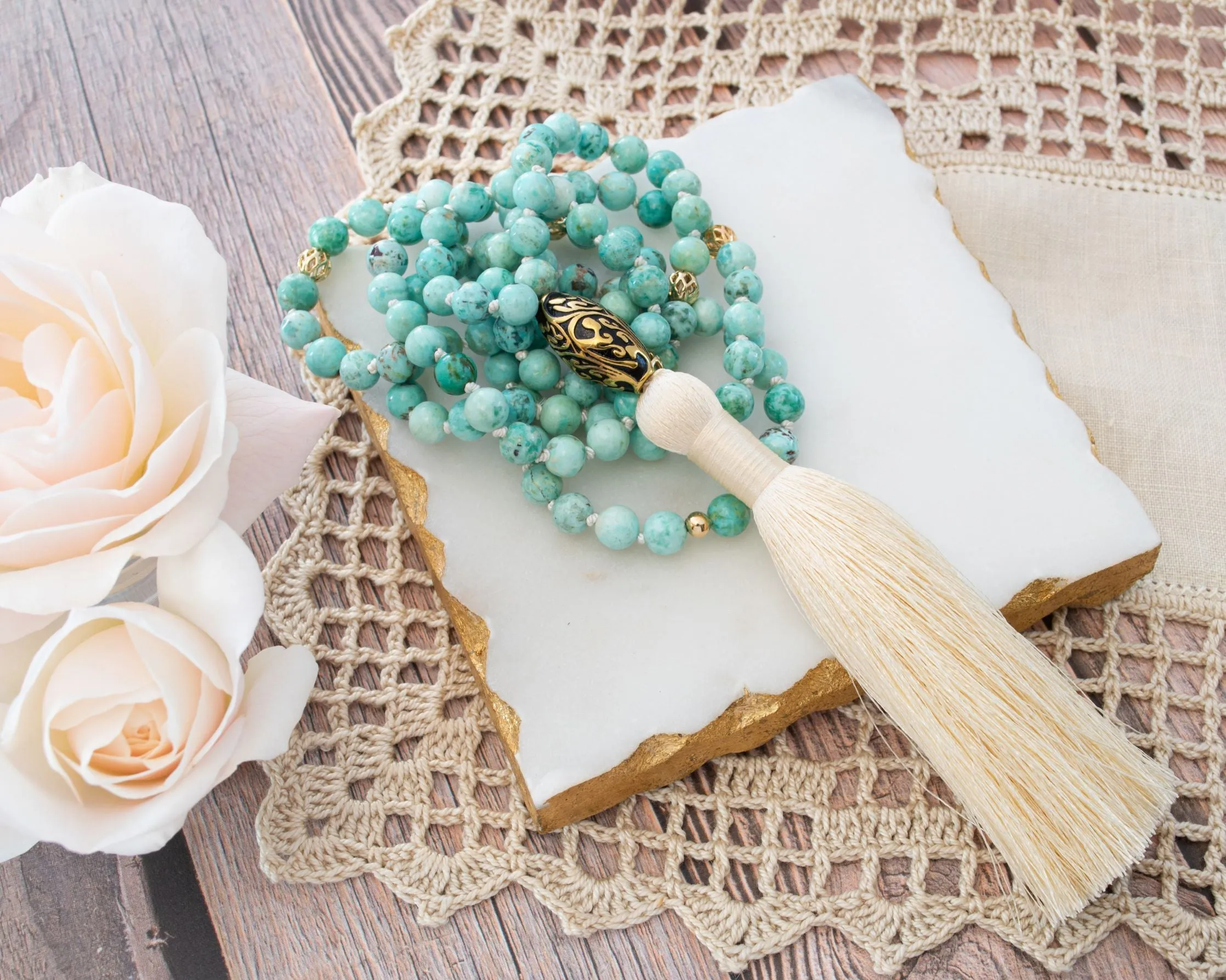 Good Fortune Peruvian Turquoise Repousse Mala, White Rhodium Plated