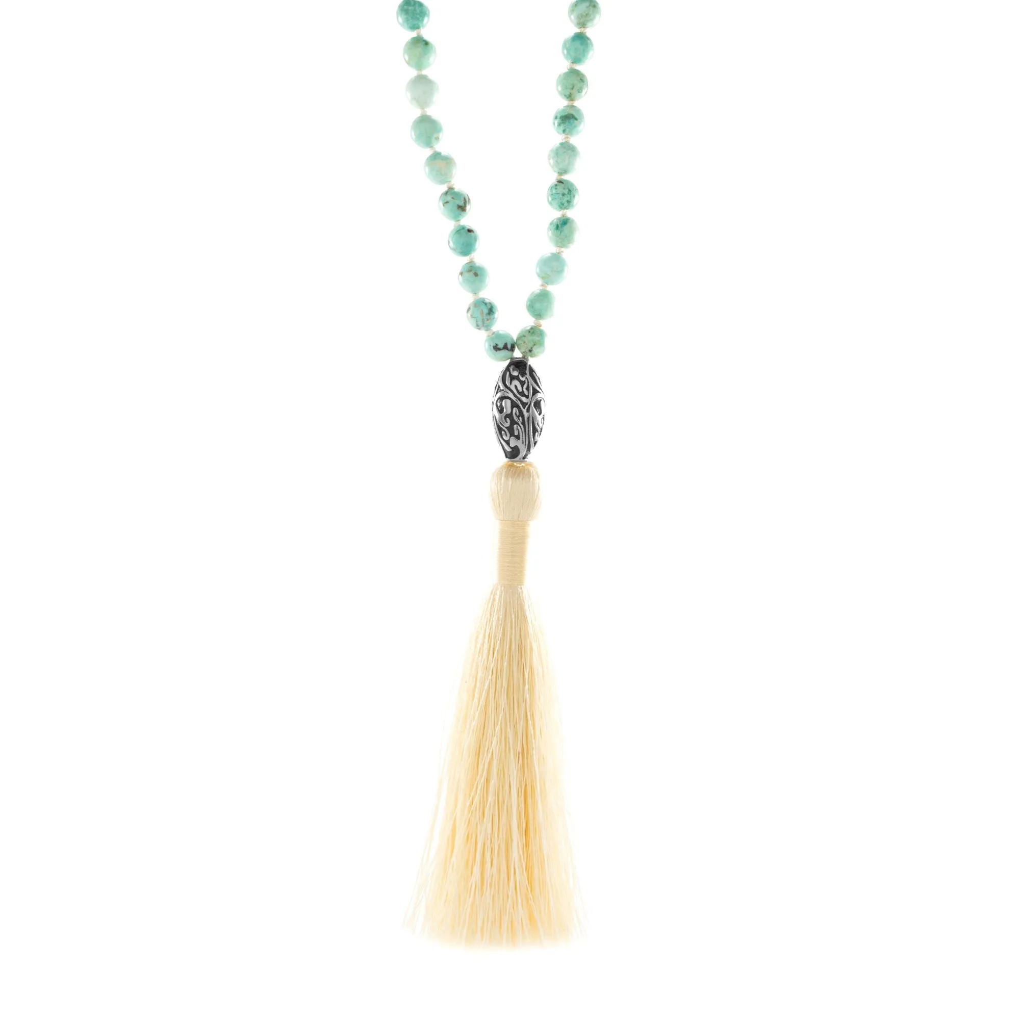 Good Fortune Peruvian Turquoise Repousse Mala, White Rhodium Plated