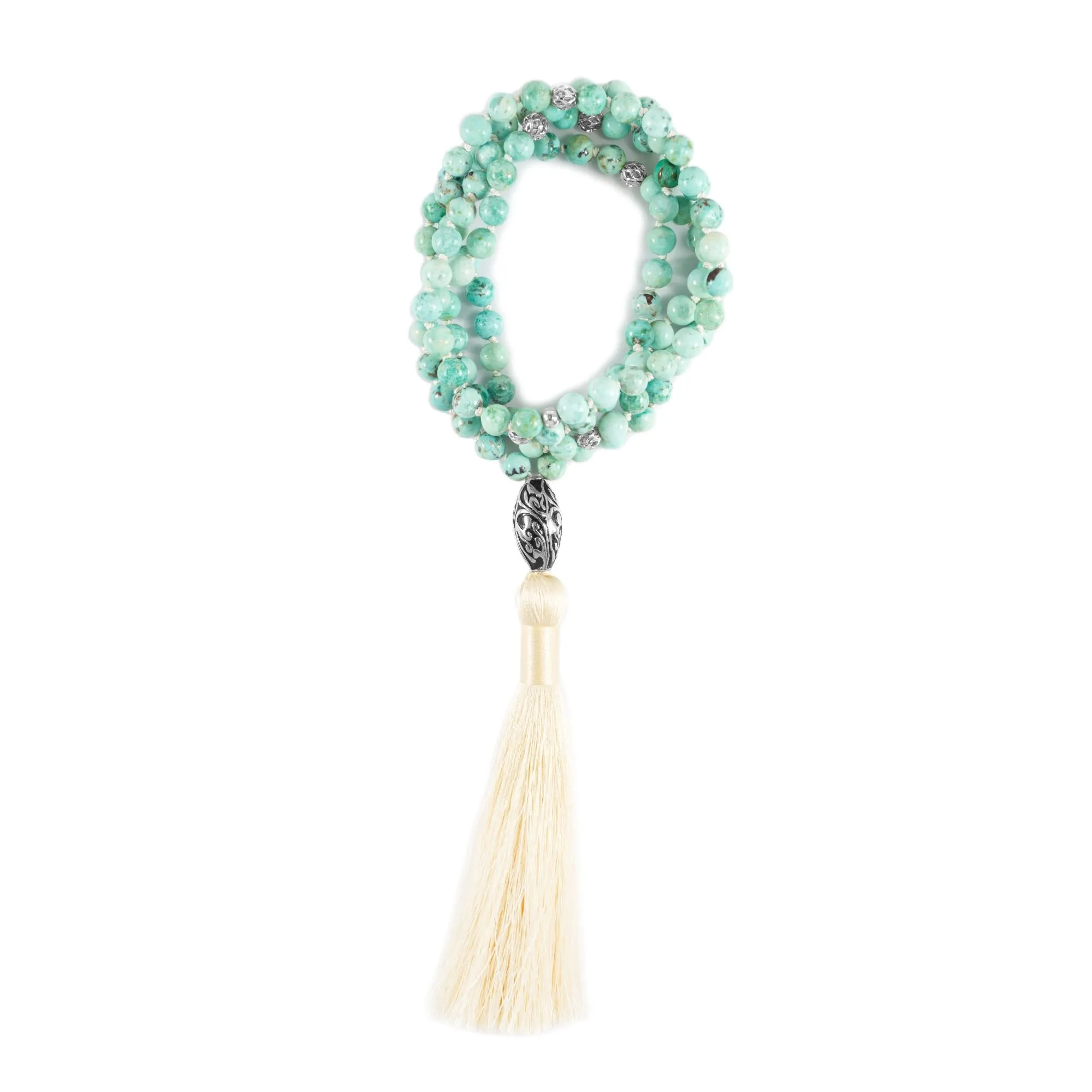 Good Fortune Peruvian Turquoise Repousse Mala, White Rhodium Plated