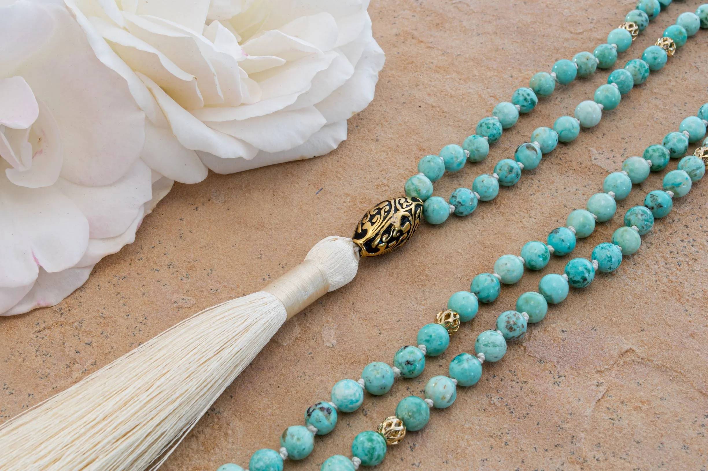 Good Fortune Peruvian Turquoise Repousse Mala, White Rhodium Plated