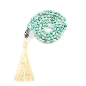 Good Fortune Peruvian Turquoise Repousse Mala, White Rhodium Plated