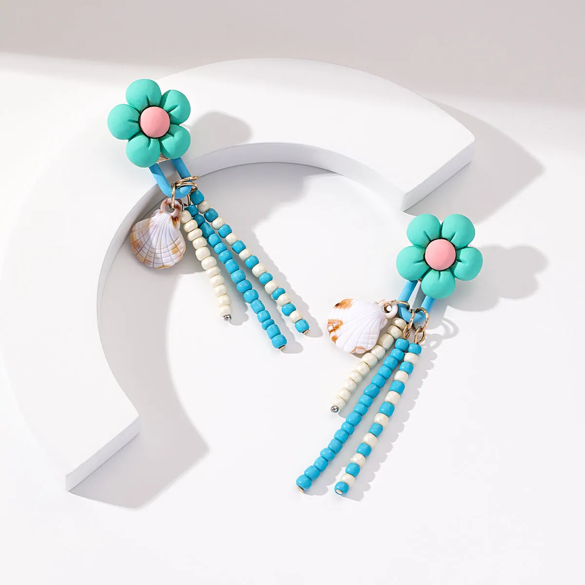 Green Acrylic & Howlite Shell-Accent Flower Tassel Drop Earrings
