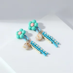 Green Acrylic & Howlite Shell-Accent Flower Tassel Drop Earrings