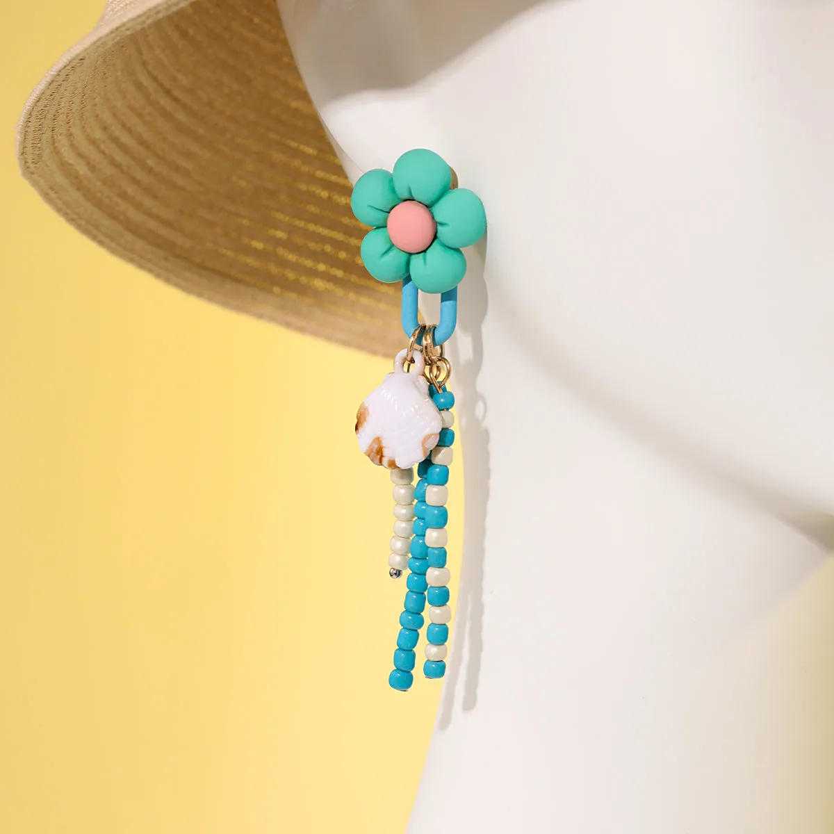 Green Acrylic & Howlite Shell-Accent Flower Tassel Drop Earrings