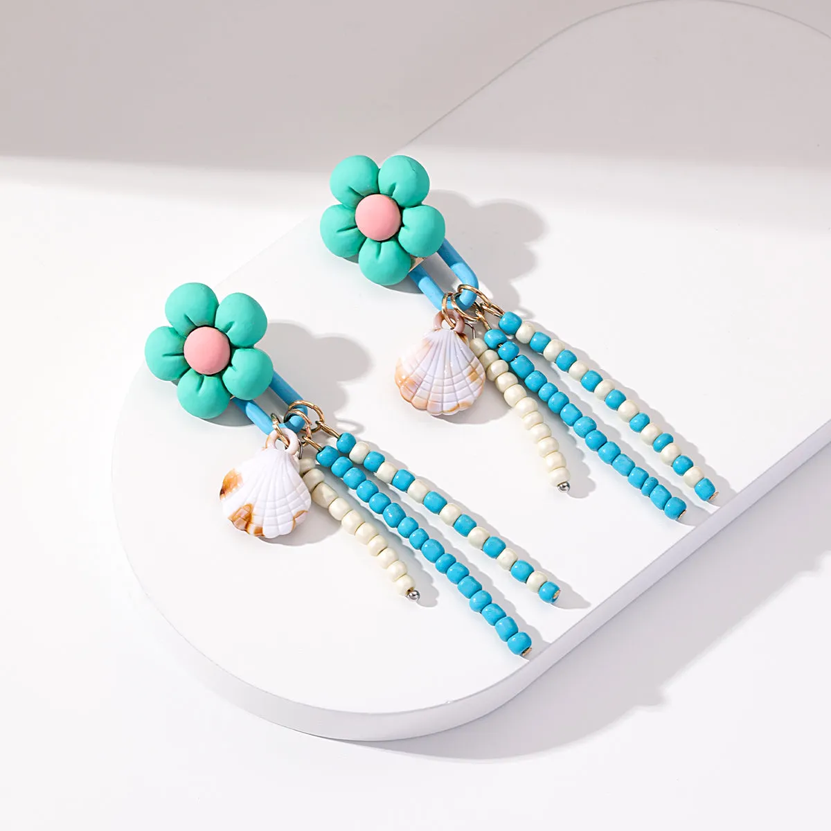 Green Acrylic & Howlite Shell-Accent Flower Tassel Drop Earrings