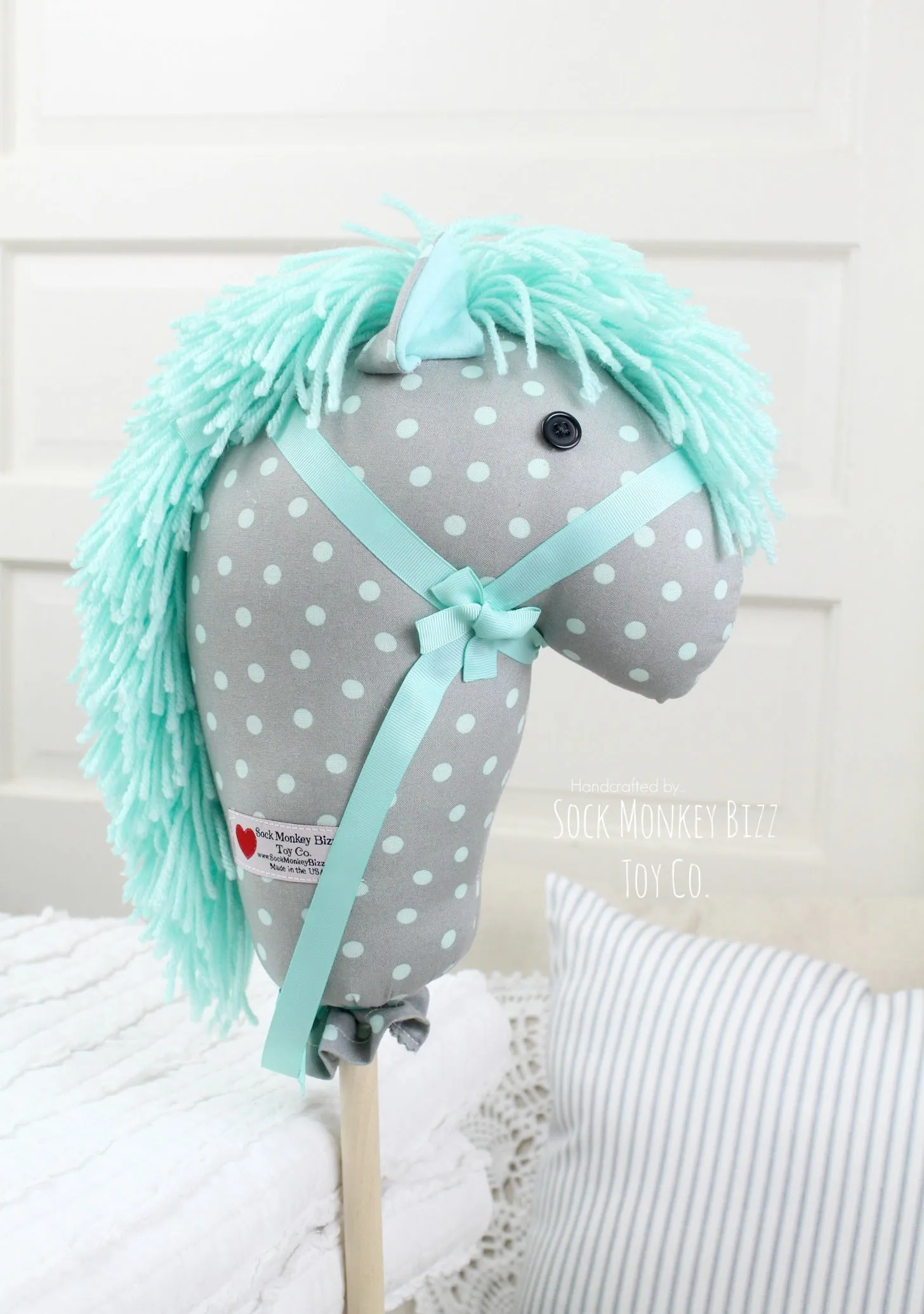 Handcrafted Seafoam and Grey Polka Dot Stick Horse Unicorn, 36" Hobby Horse