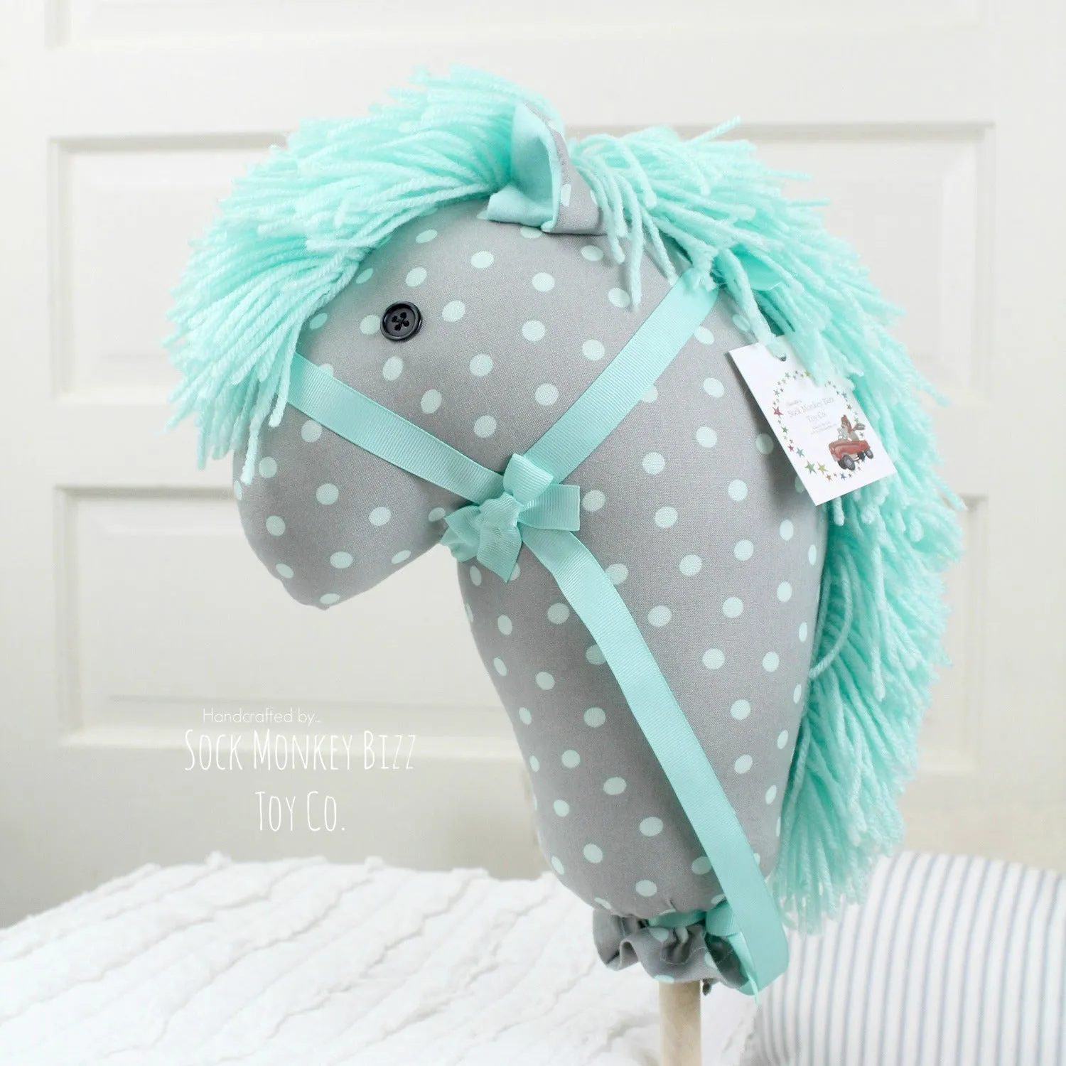 Handcrafted Seafoam and Grey Polka Dot Stick Horse Unicorn, 36" Hobby Horse