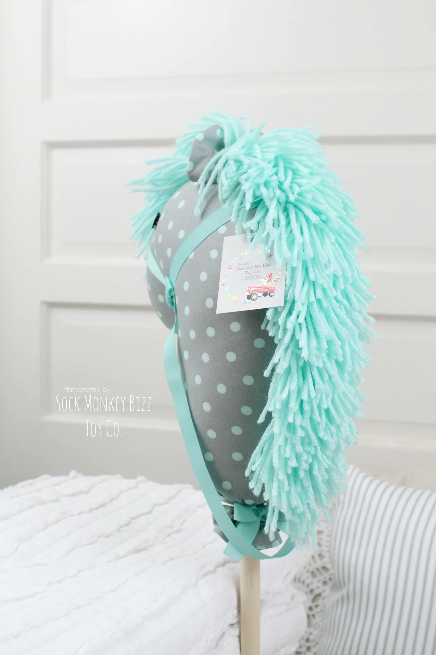 Handcrafted Seafoam and Grey Polka Dot Stick Horse Unicorn, 36" Hobby Horse